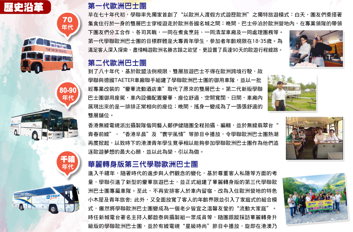 早在七十年代初，學聯率先推出了獨家首創“以歐洲人的渡假方式遊歷歐洲”的獨特旅遊模式：白天，乘搭巴士遊走於歐洲各國大小名城之間；晚間，巴士停泊於歐洲營地內。在專業領隊的帶領下，團友們分工合作、各司其職，一同在煮食烹飪、一同清潔車廂以及一起處理團務等。第一代學聯歐洲巴士團的目標群體是大專青年學生，參加者年齡規限在18-35歲。為滿足客人深入探索、暢遊歐洲名勝古蹟之欲望，特別設置了最長多達90天的行程線路。